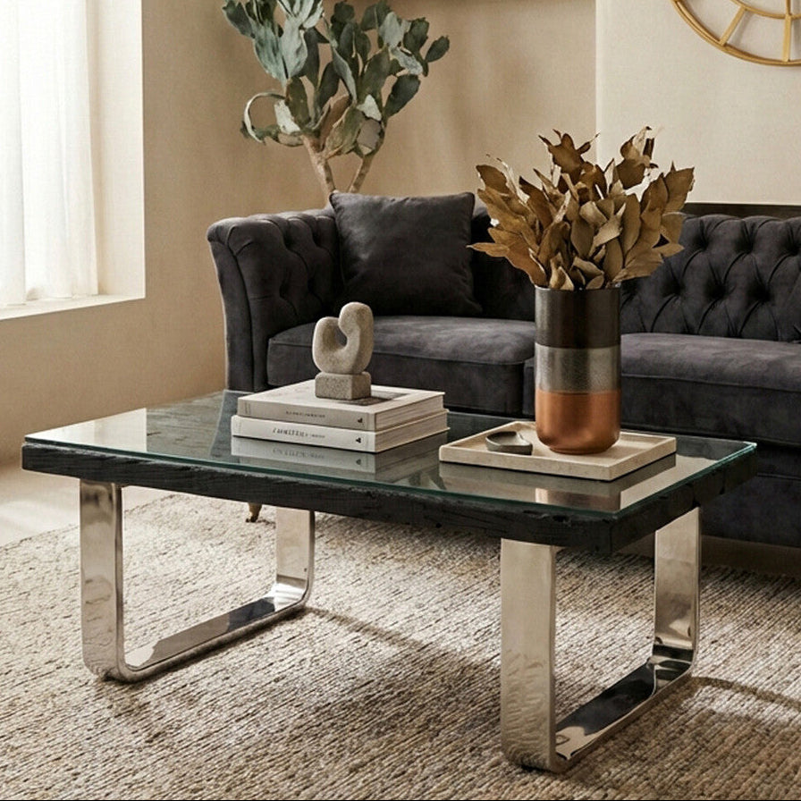 Orsina Kerala Black Wood and Glass Coffee Table with Silver U-Base