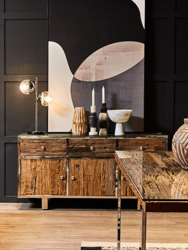 Orsina Sal Wood and Glass Dining Table | Silver U-Shaped Metal Legs