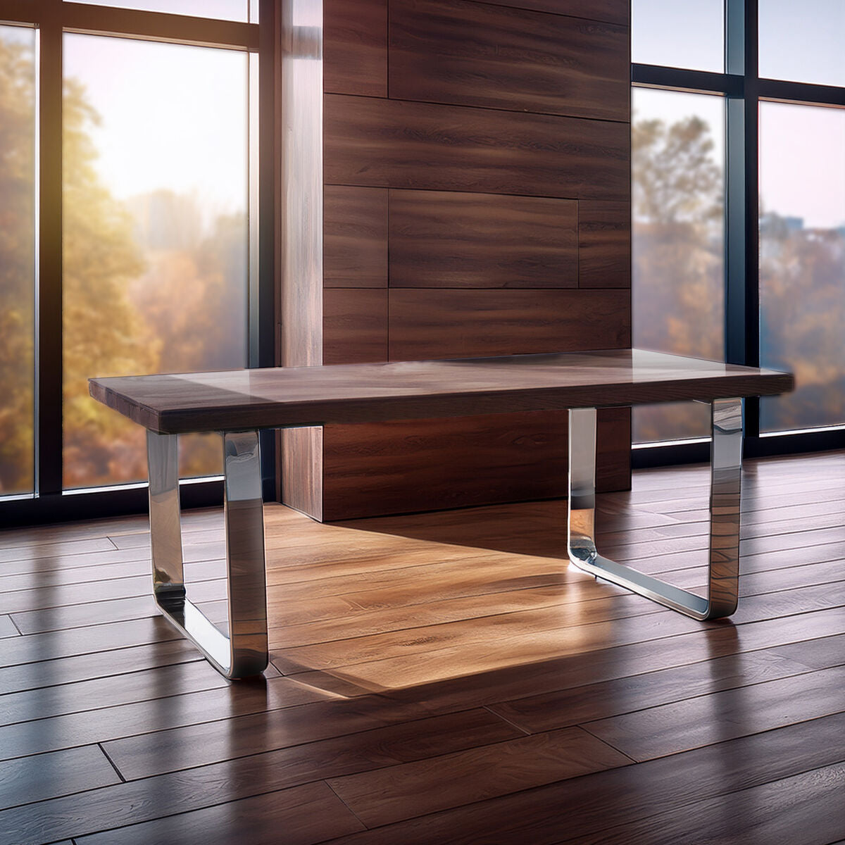 Orsina Sal Wood and Glass Dining Table | Silver U-Shaped Metal Legs