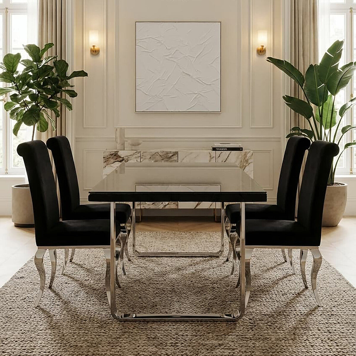 Orsina Kerala Black Pinewood & Glass Dining Table | Silver U-Legs