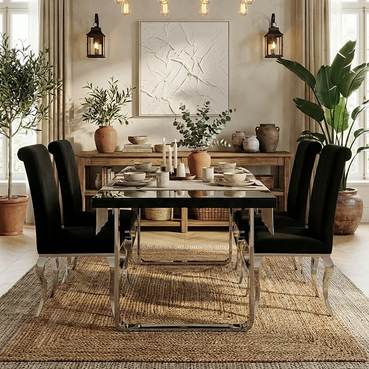 Orsina Kerala Black Pinewood & Glass Dining Table | Silver U-Legs