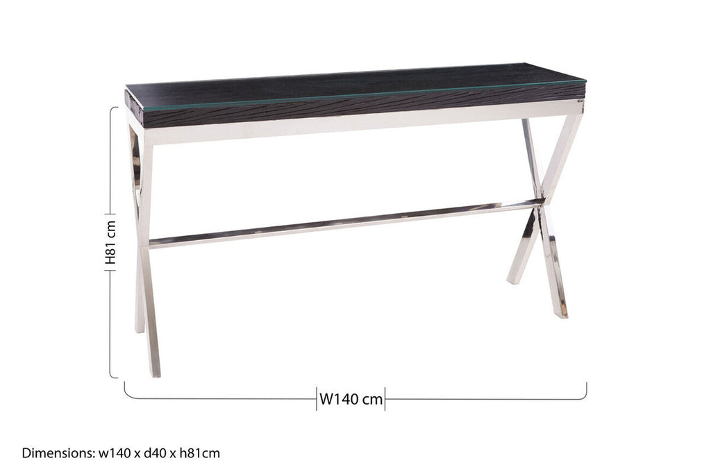 Orsina Kerala Console Table – Black Wood and Glass with Silver Legs