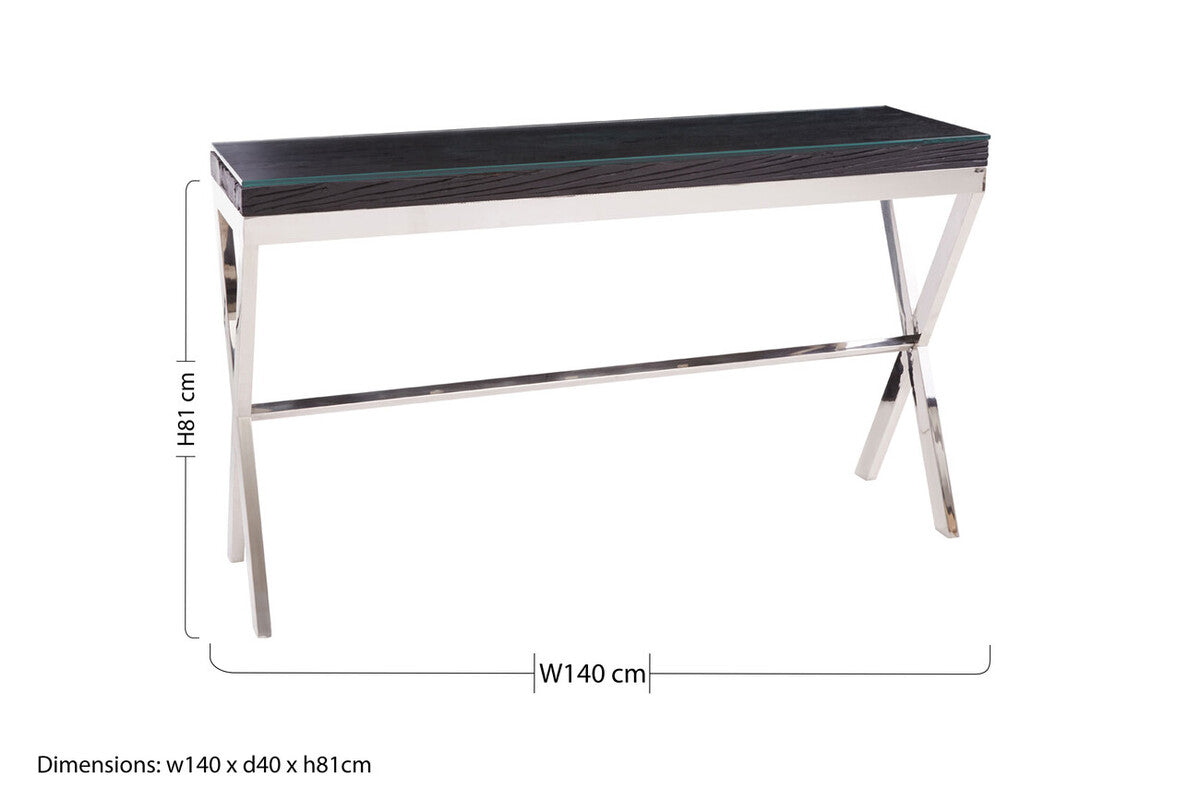 Orsina Kerala Console Table – Black Wood and Glass with Silver Legs