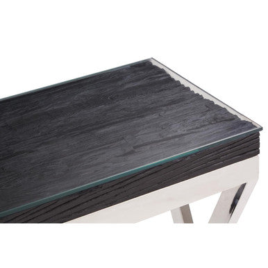 Orsina Kerala Console Table – Black Wood and Glass with Silver Legs