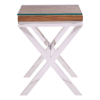 Orsina Kerala Sal Wood Side Table | Glass Top & White Cross Legs