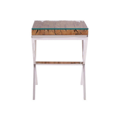 Orsina Kerala Sal Wood Side Table | Glass Top & White Cross Legs