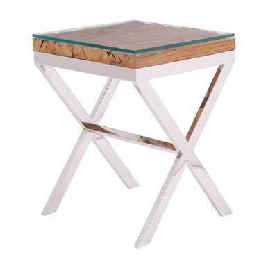 Orsina Kerala Sal Wood Side Table | Glass Top & White Cross Legs