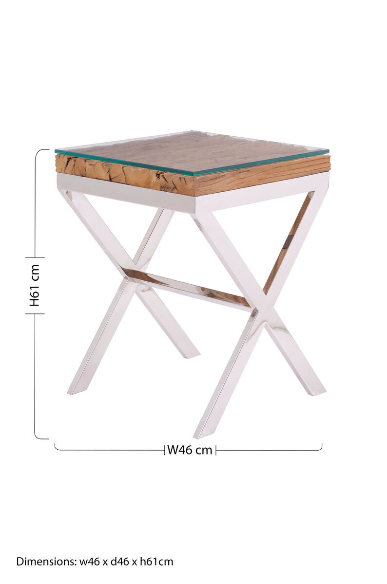 Orsina Kerala Sal Wood Side Table | Glass Top & White Cross Legs