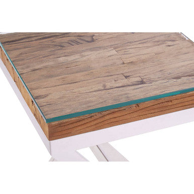 Orsina Kerala Sal Wood Side Table | Glass Top & White Cross Legs