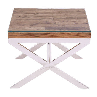 Orsina Kerala Natural Wood End Table with Glass Top and Cross Base
