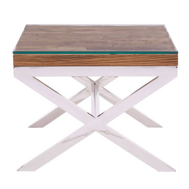 Orsina Kerala Natural Wood End Table with Glass Top and Cross Base