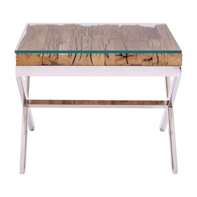 Orsina Kerala Natural Wood End Table with Glass Top and Cross Base