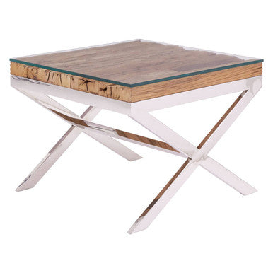 Orsina Kerala Natural Wood End Table with Glass Top and Cross Base
