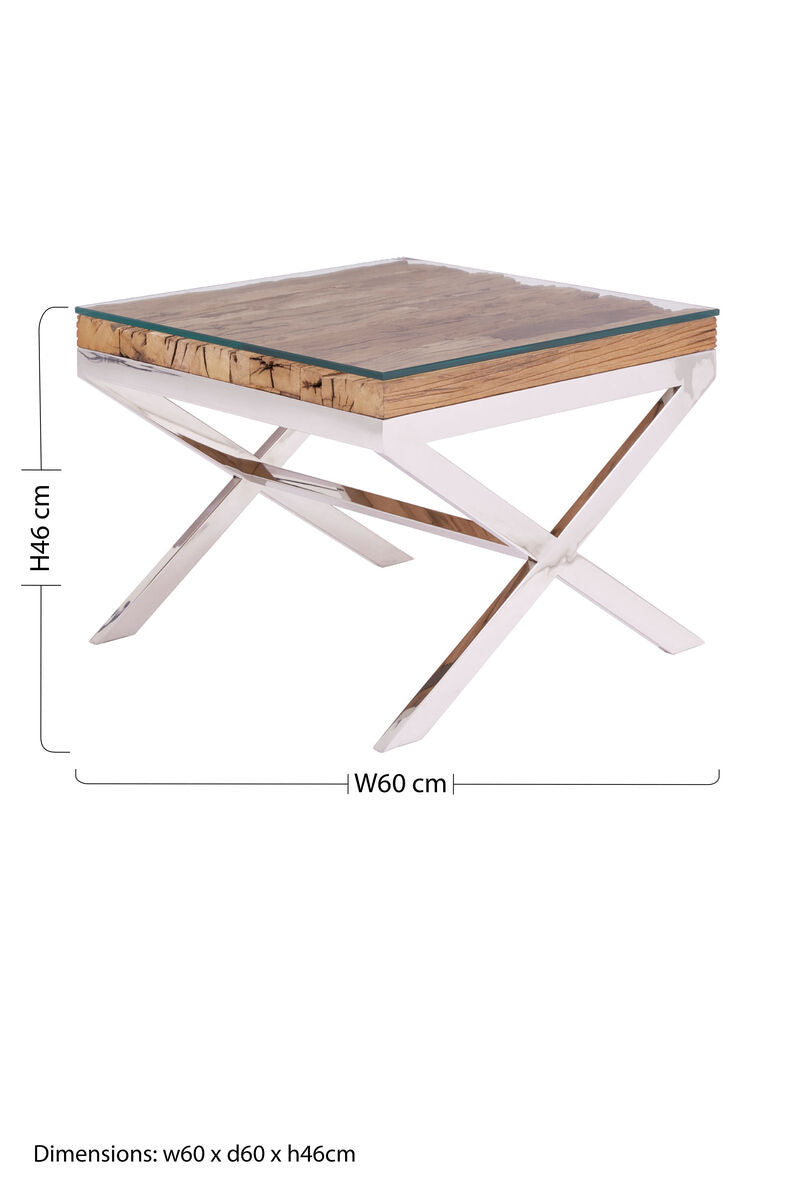 Orsina Kerala Natural Wood End Table with Glass Top and Cross Base