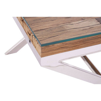 Orsina Kerala Natural Wood End Table with Glass Top and Cross Base