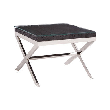 Orsina Kerala Black Wood and Glass End Table with Silver Cross Base