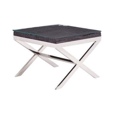 Orsina Kerala Black Wood and Glass End Table with Silver Cross Base