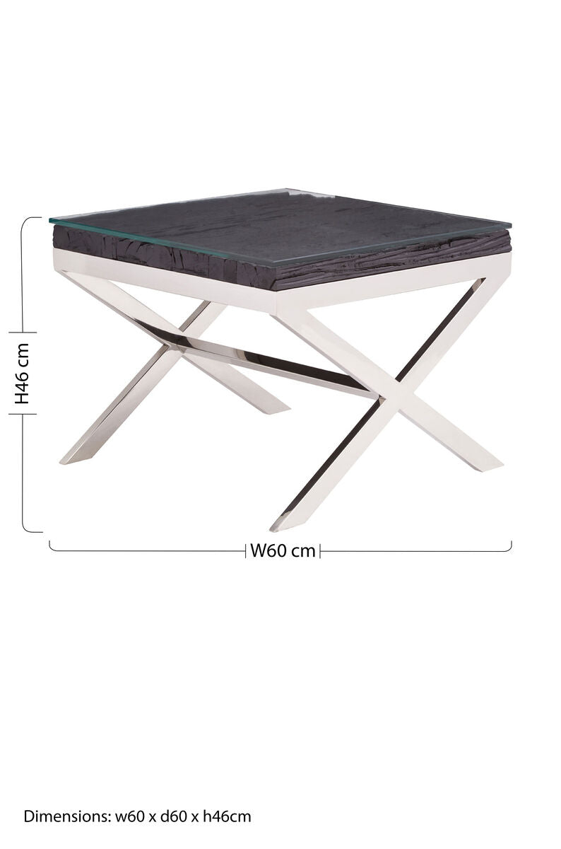 Orsina Kerala Black Wood and Glass End Table with Silver Cross Base