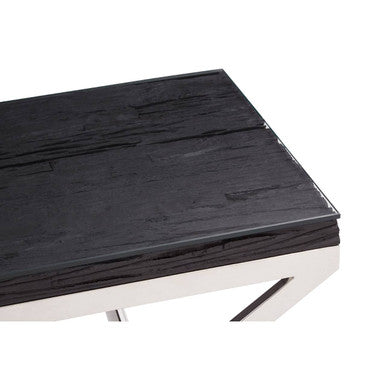 Orsina Kerala Black Wood and Glass End Table with Silver Cross Base