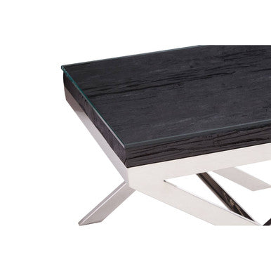 Orsina Kerala Black Wood and Glass End Table with Silver Cross Base