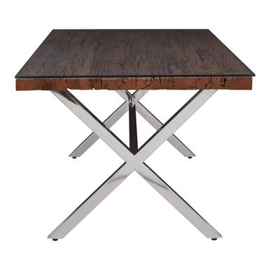 Orsina Kerala Sal Wood and Glass Dining Table with Grey Cross Base