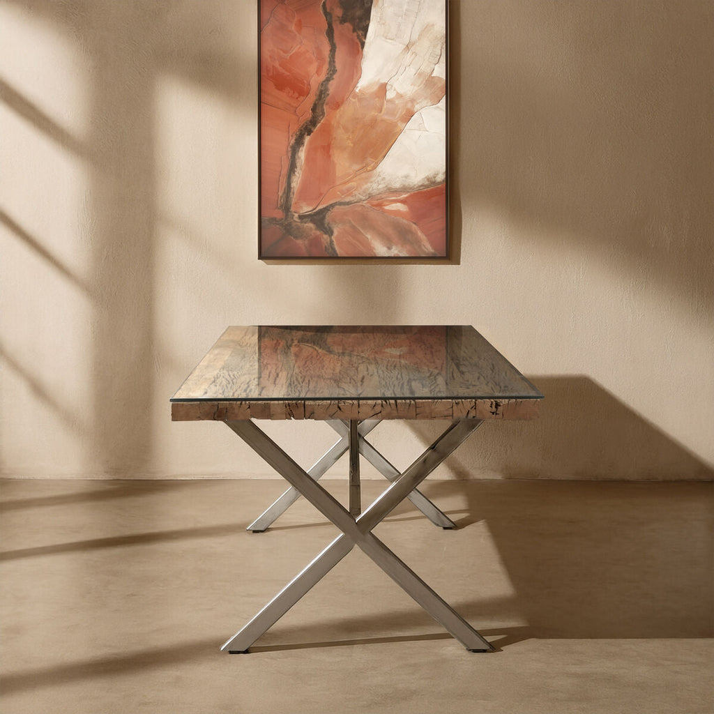 Orsina Kerala Sal Wood and Glass Dining Table with Grey Cross Base