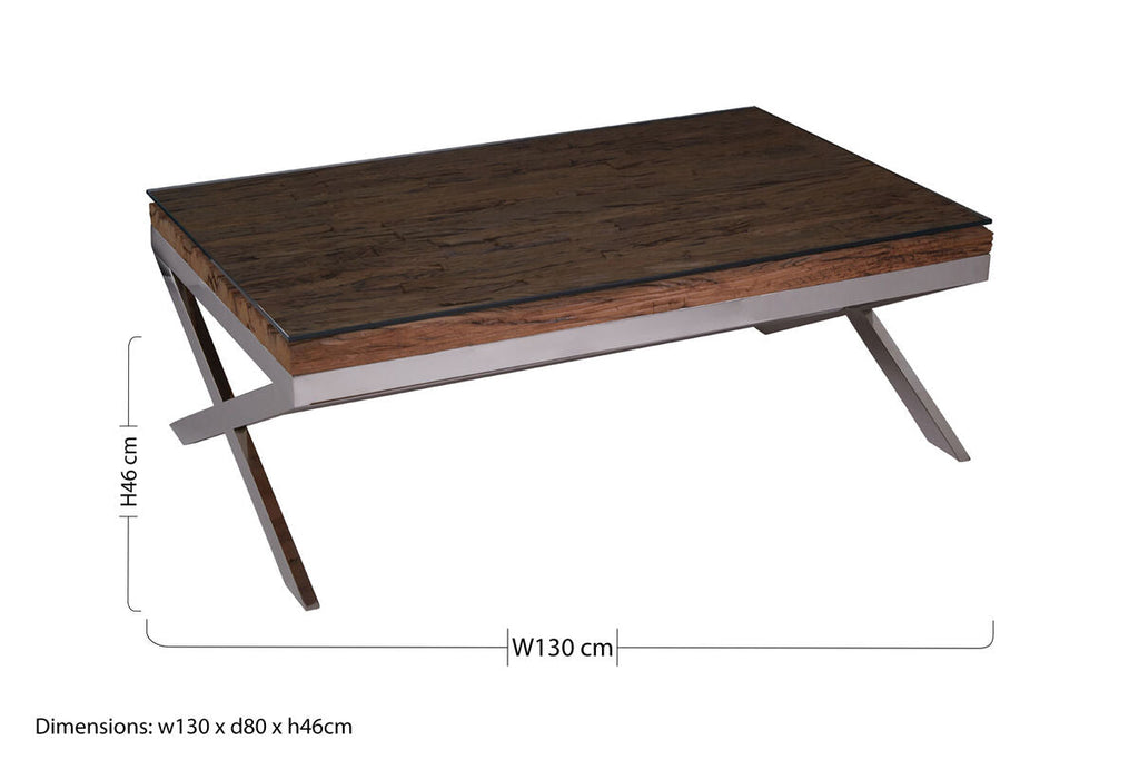 Orsina Kerala Square Reclaimed Wood and Glass Coffee Table – Silver Base