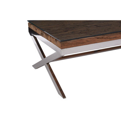 Orsina Kerala Square Reclaimed Wood and Glass Coffee Table – Silver Base