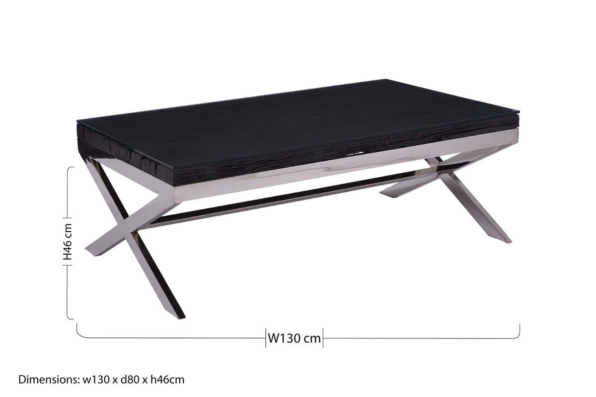 Orsina Kerala Reclaimed Wood and Glass Coffee Table with Silver Base