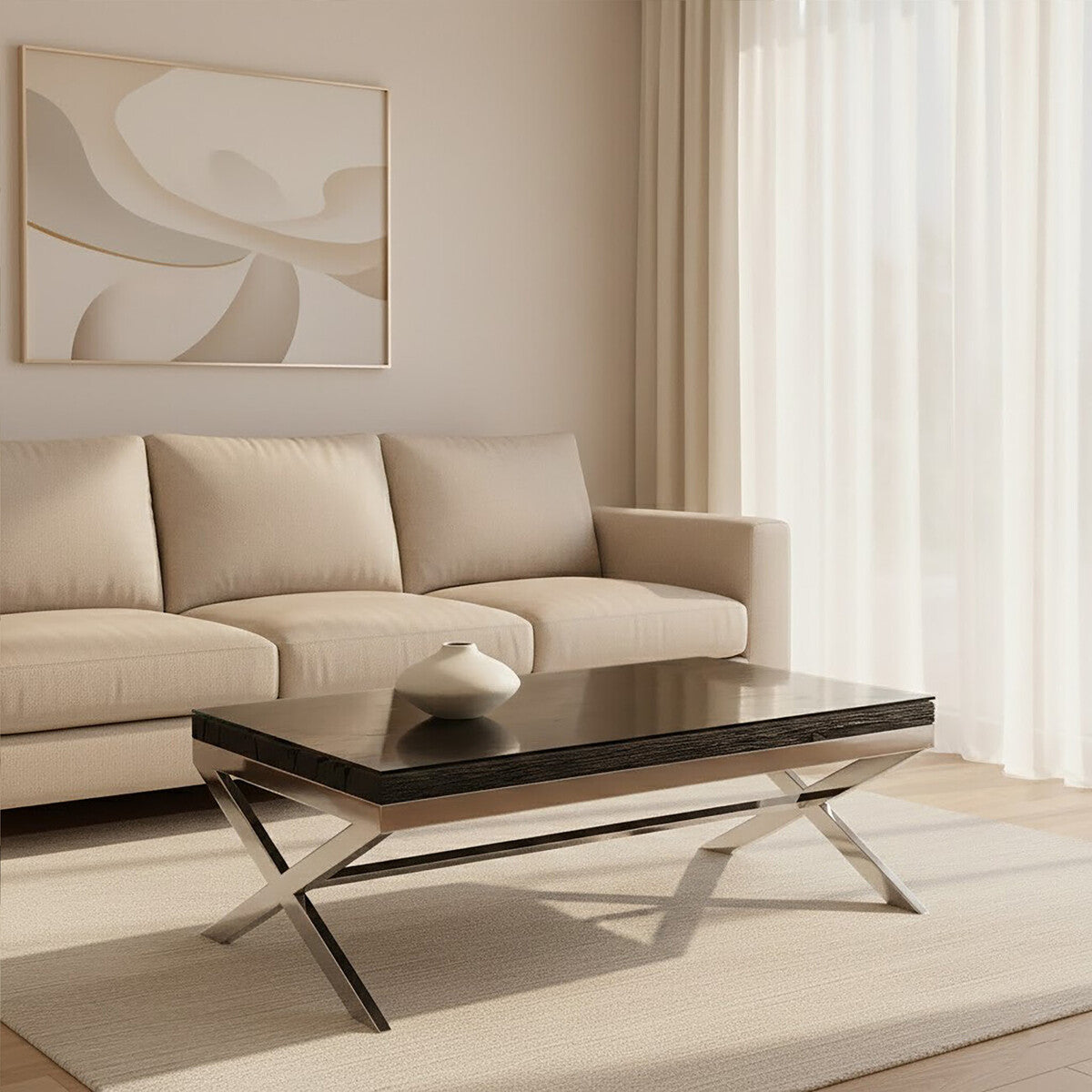 Orsina Kerala Reclaimed Wood and Glass Coffee Table with Silver Base