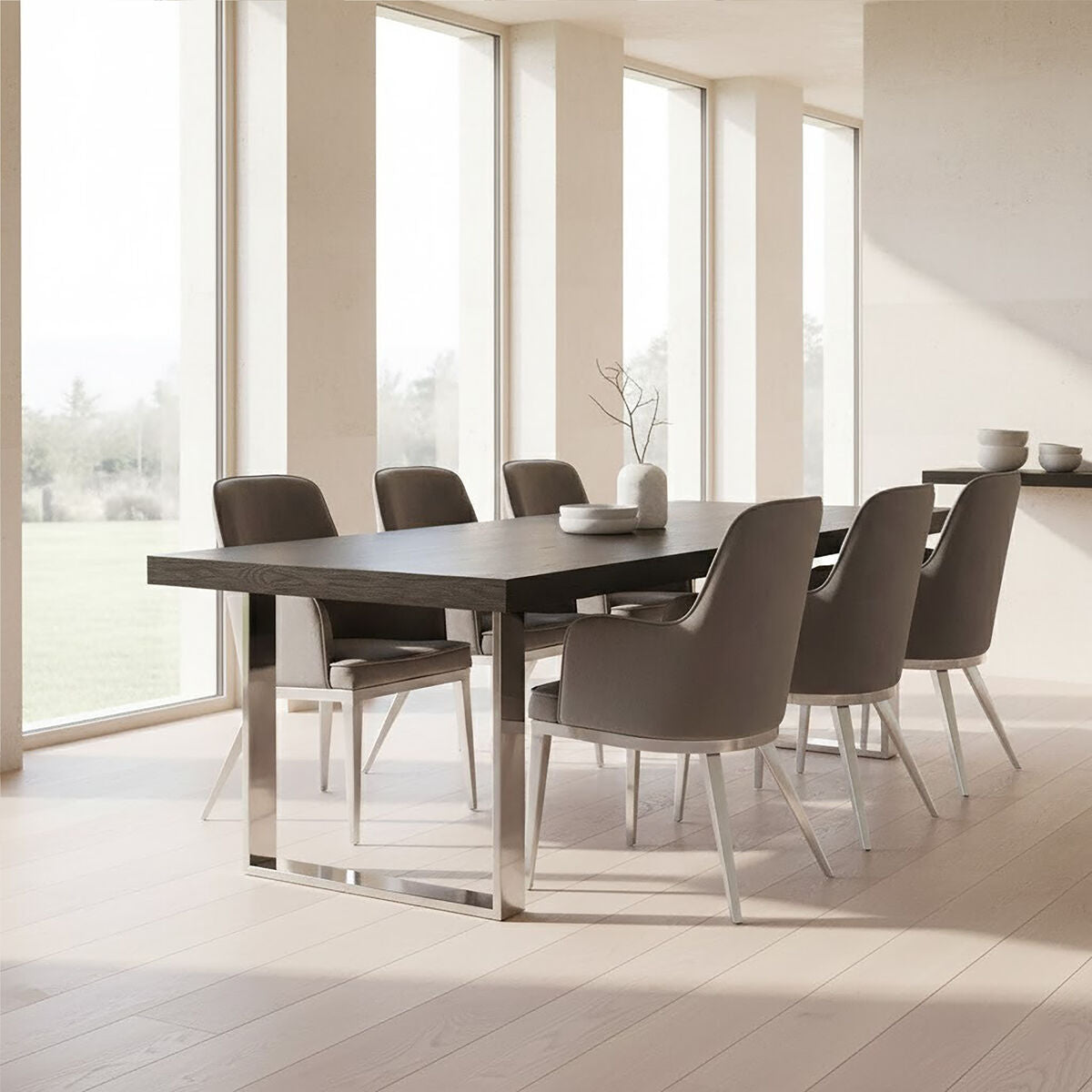 Orsina Ulmus Black Elm Wood Dining Table with Stainless Steel Legs