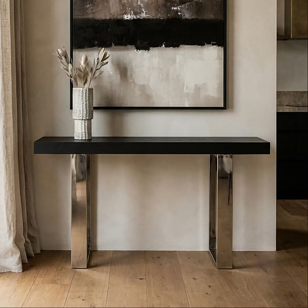 Orsina Ulmus Black Elm Wood Console Table with Stainless Steel Legs