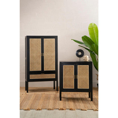 Orsina Corso Black Sideboard | Two Rattan Doors & Woven Cane Storage