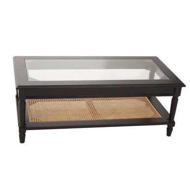 Orsina Corso Coffee Table | Black Glass Top with Rattan Shelf