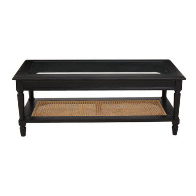Orsina Corso Coffee Table | Black Glass Top with Rattan Shelf