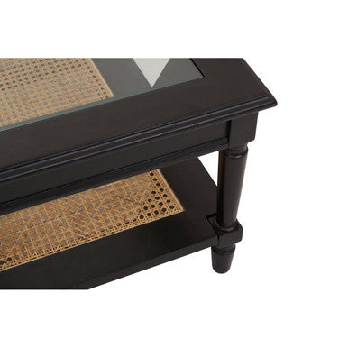 Orsina Corso Coffee Table | Black Glass Top with Rattan Shelf