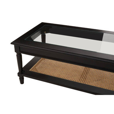 Orsina Corso Coffee Table | Black Glass Top with Rattan Shelf