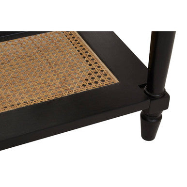 Orsina Corso Coffee Table | Black Glass Top with Rattan Shelf