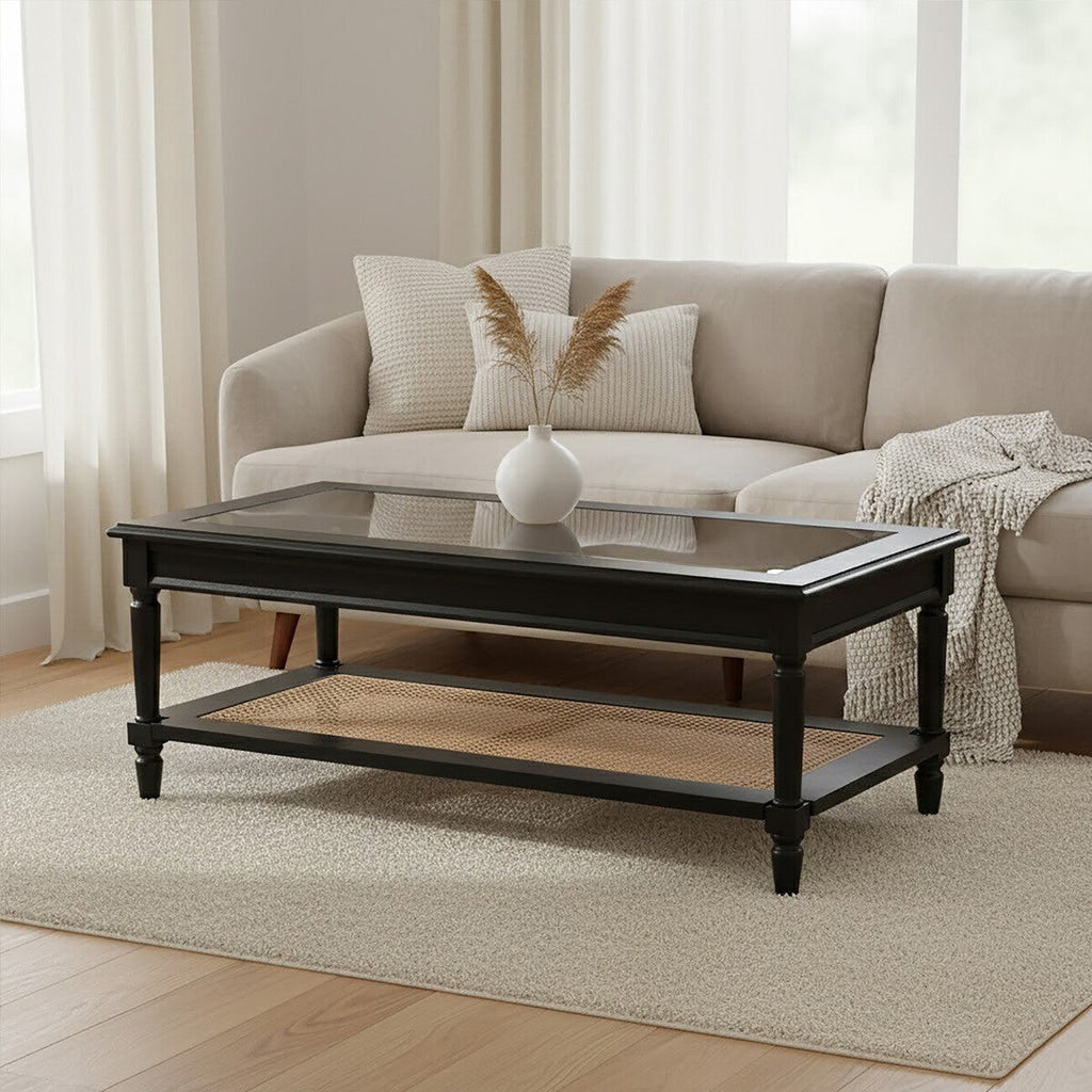 Orsina Corso Coffee Table | Black Glass Top with Rattan Shelf
