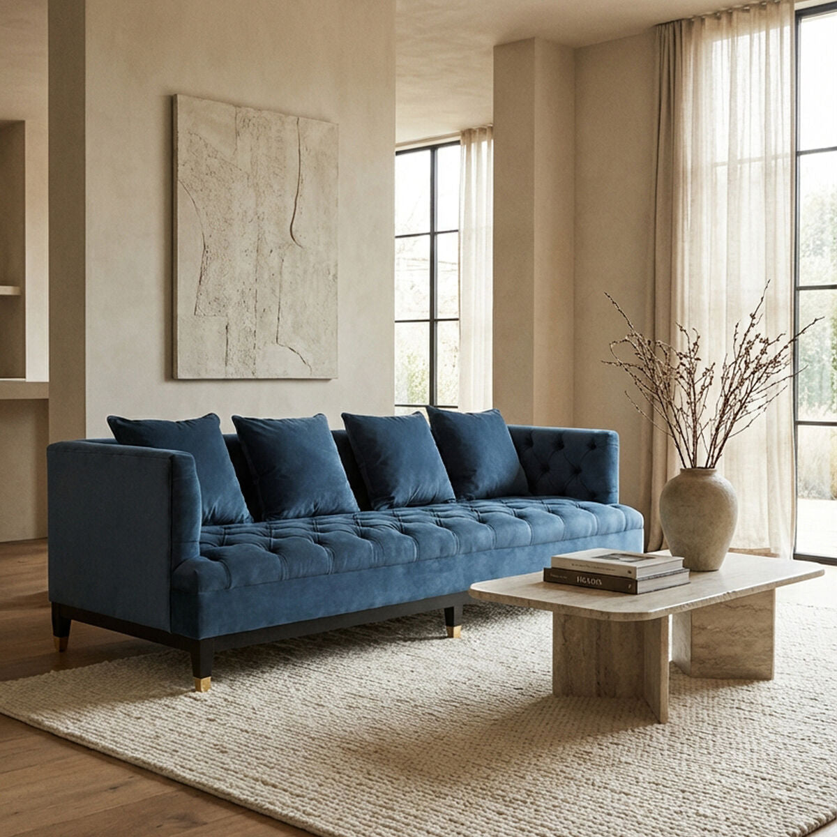 Orsina Sefira 3 Seater Navy Fabric Sofa – Tufted Modern Couch