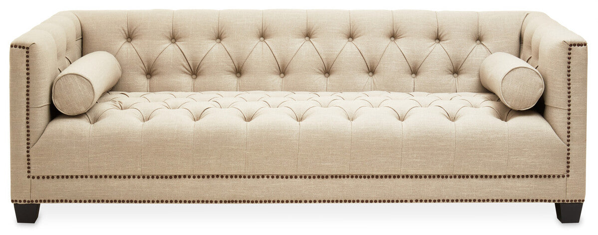Orsina Surina 3 Seater Stone Fabric Sofa – Button Tufted Traditional