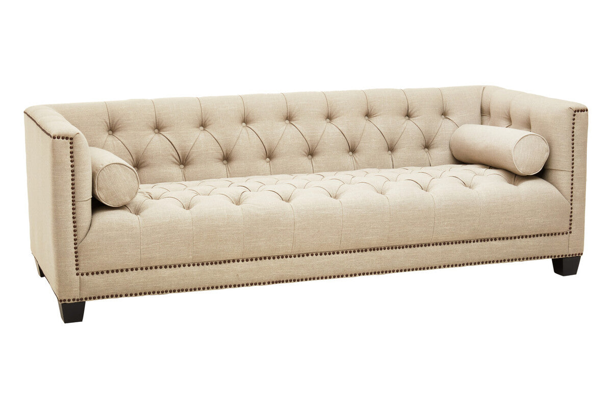 Orsina Surina 3 Seater Stone Fabric Sofa – Button Tufted Traditional