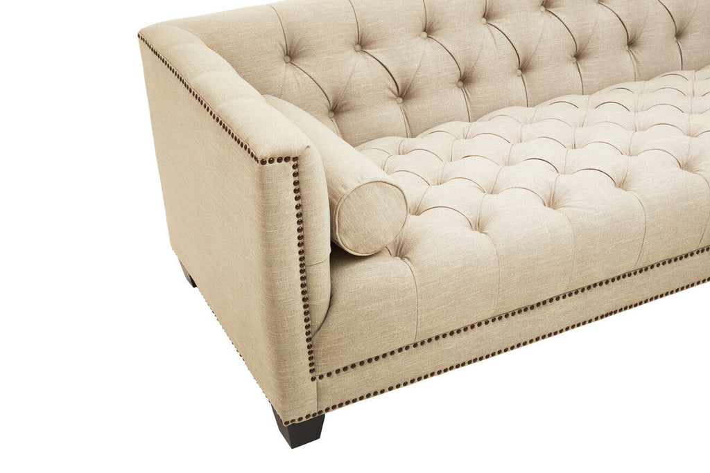 Orsina Surina 3 Seater Stone Fabric Sofa – Button Tufted Traditional
