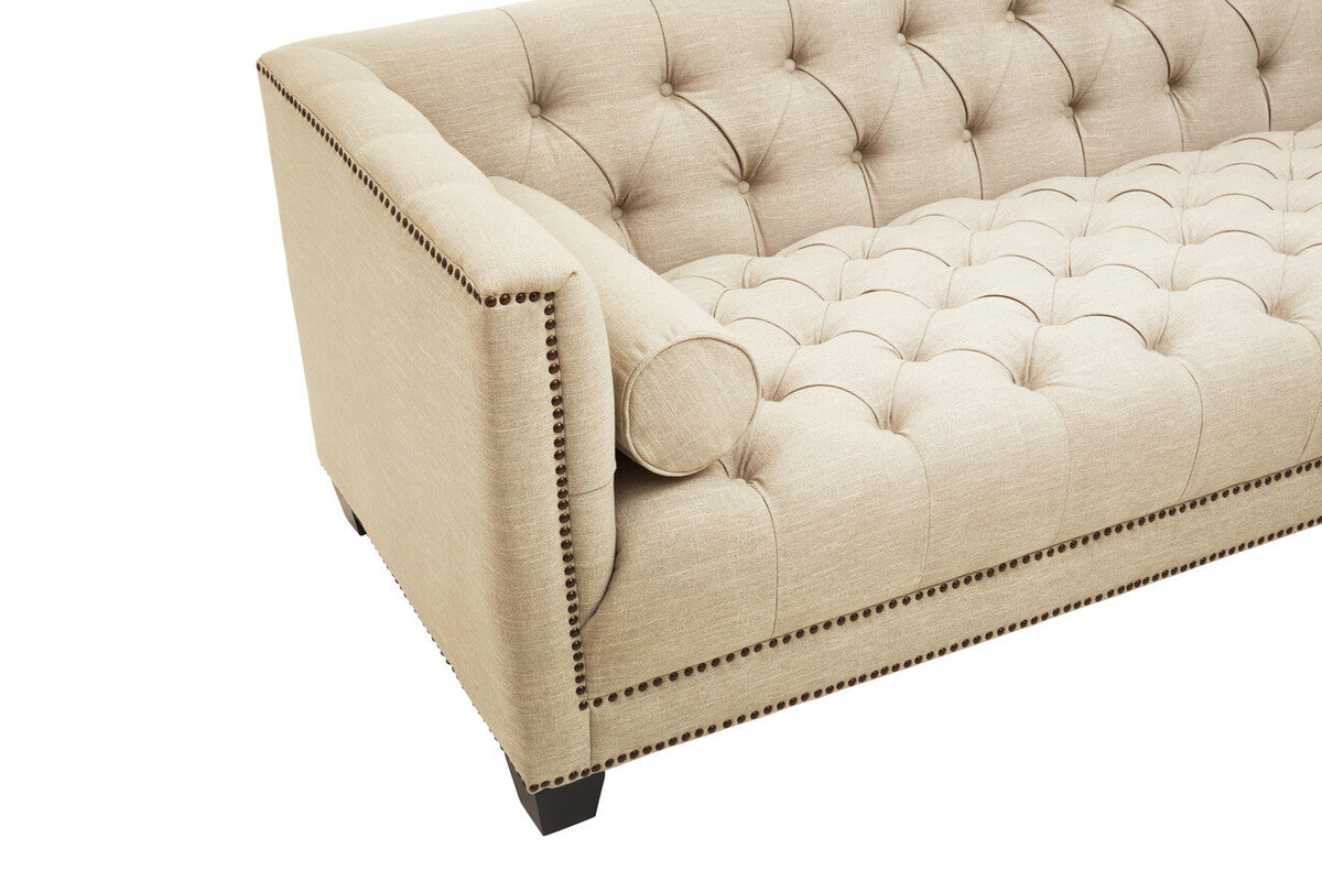 Orsina Surina 3 Seater Stone Fabric Sofa – Button Tufted Traditional