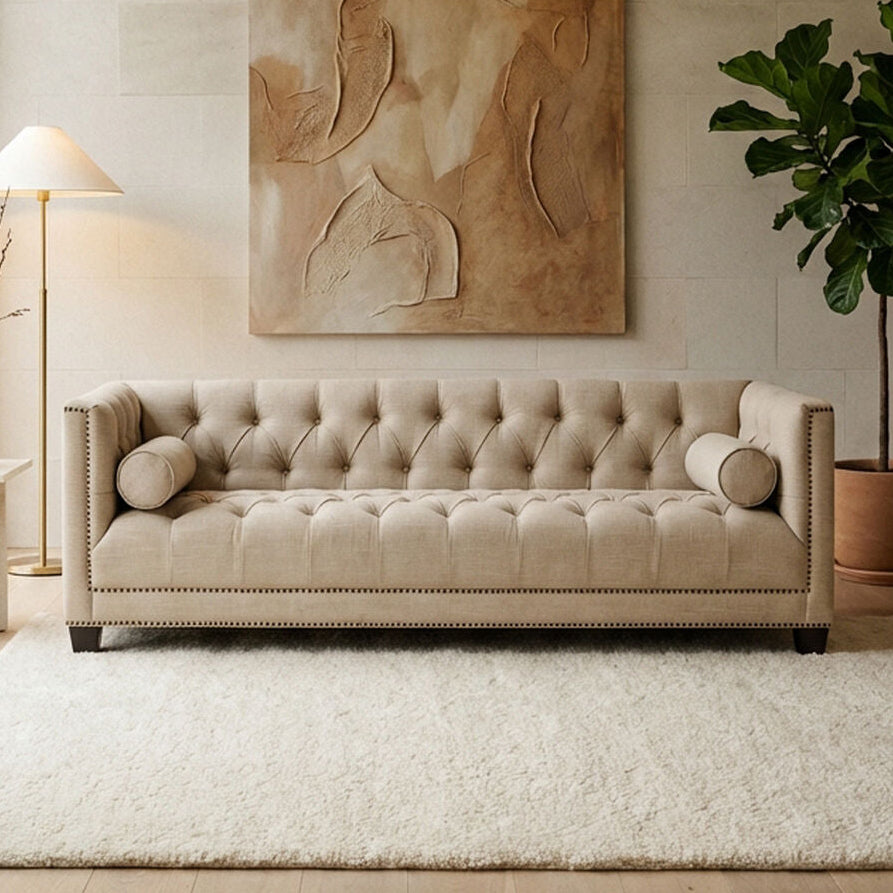 Orsina Surina 3 Seater Stone Fabric Sofa – Button Tufted Traditional