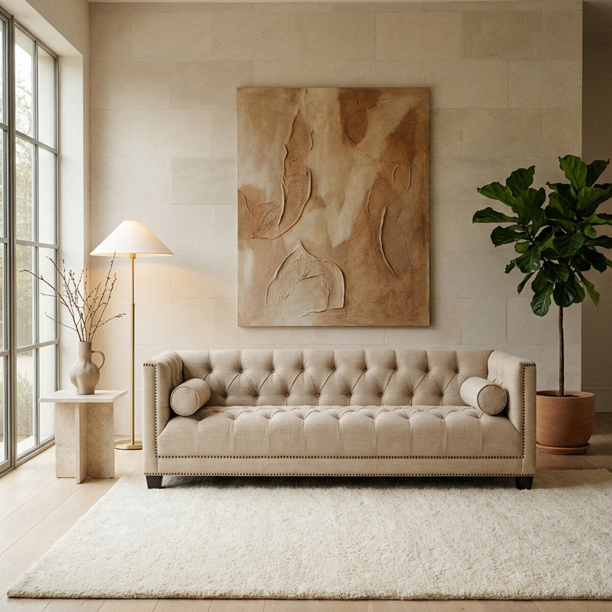 Orsina Surina 3 Seater Stone Fabric Sofa – Button Tufted Traditional