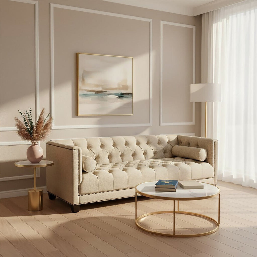 Orsina Surina 3 Seater Stone Fabric Sofa – Button Tufted Traditional