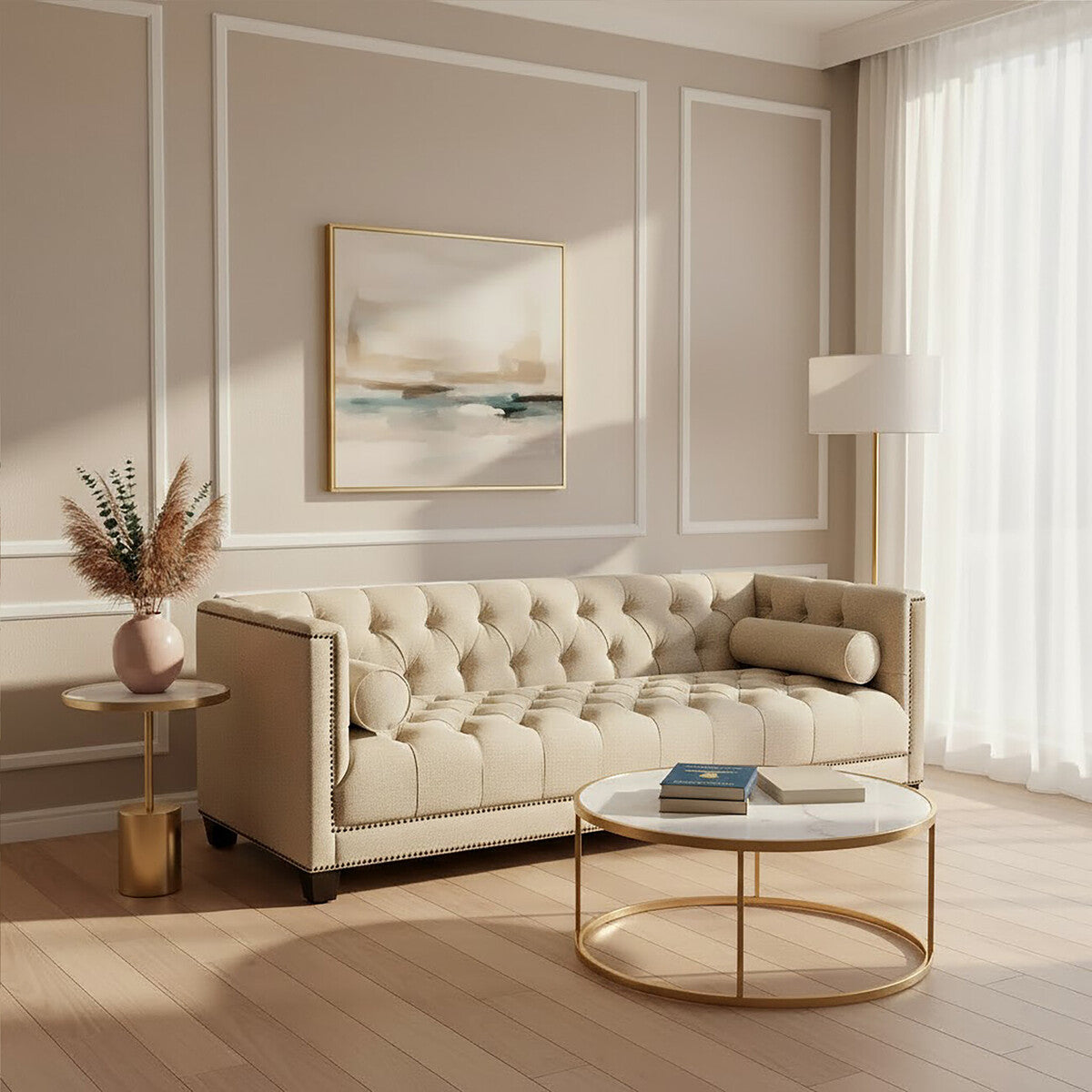 Orsina Surina 3 Seater Stone Fabric Sofa – Button Tufted Traditional