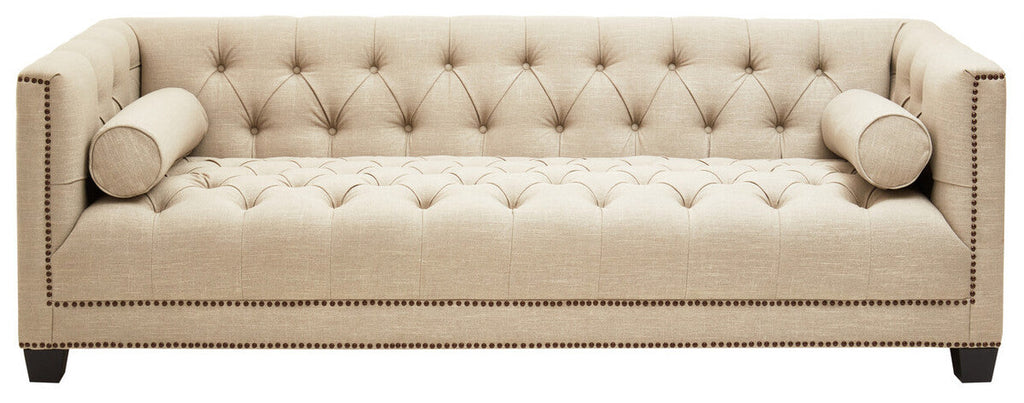 Orsina Surina 3 Seater Stone Fabric Sofa – Button Tufted Traditional