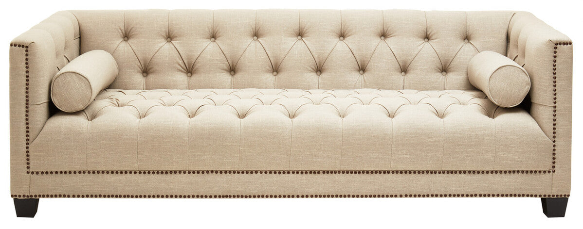 Orsina Surina 3 Seater Stone Fabric Sofa – Button Tufted Traditional